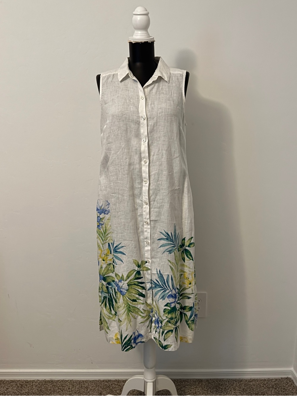 Tommy Bahama White Linen Button-Front Midi Dress with Tropical Hem Size M